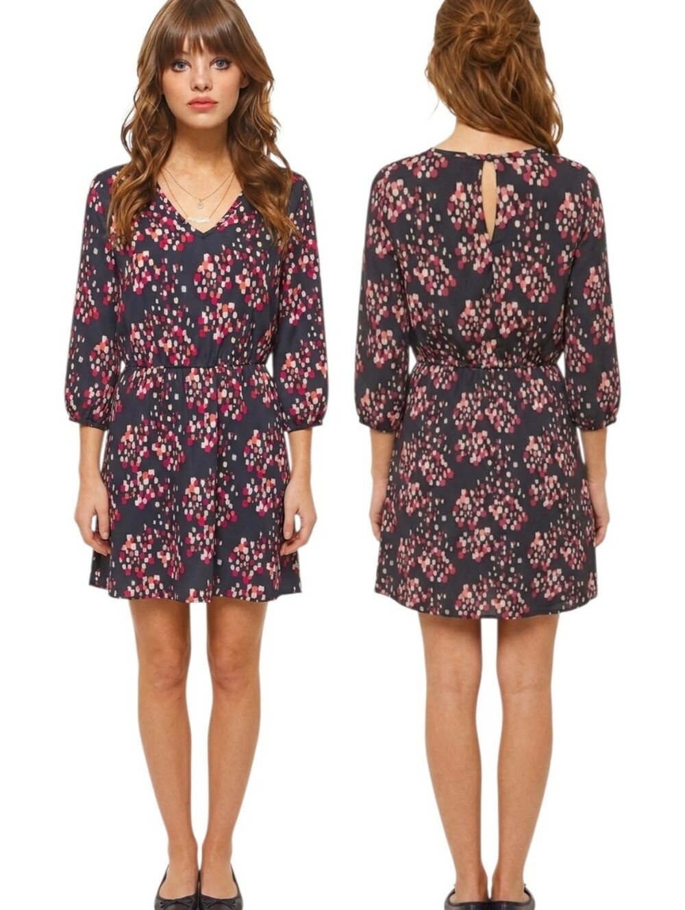 19 COOPER Paintbrush Print Blouson Knee-length Dress - Size S